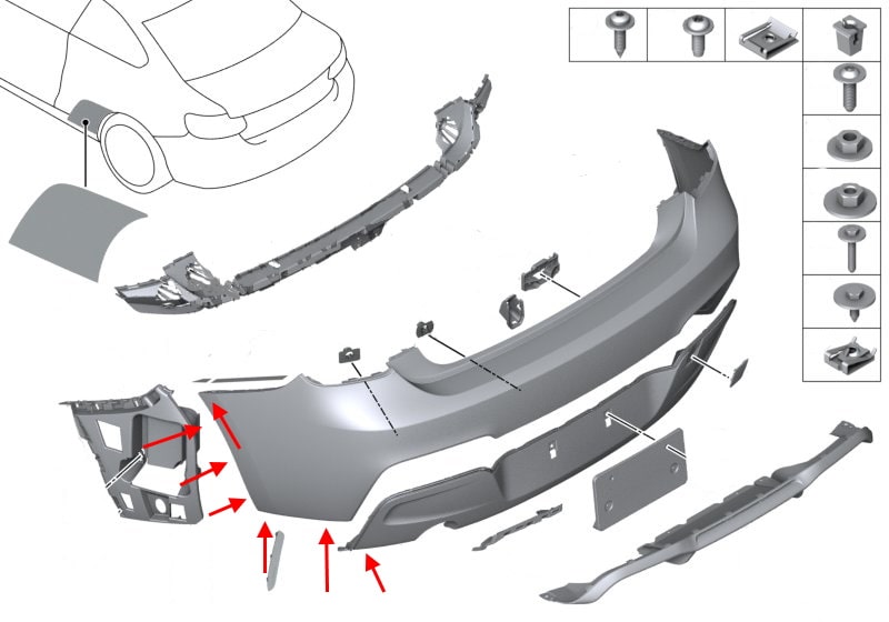 Schema di montaggio paraurti posteriore BMW Serie 1 (F20, F21)