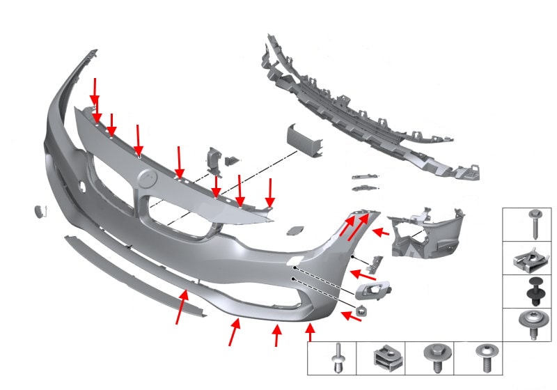 Schema di montaggio del paraurti anteriore BMW Serie 4 (F32, F33, F36)