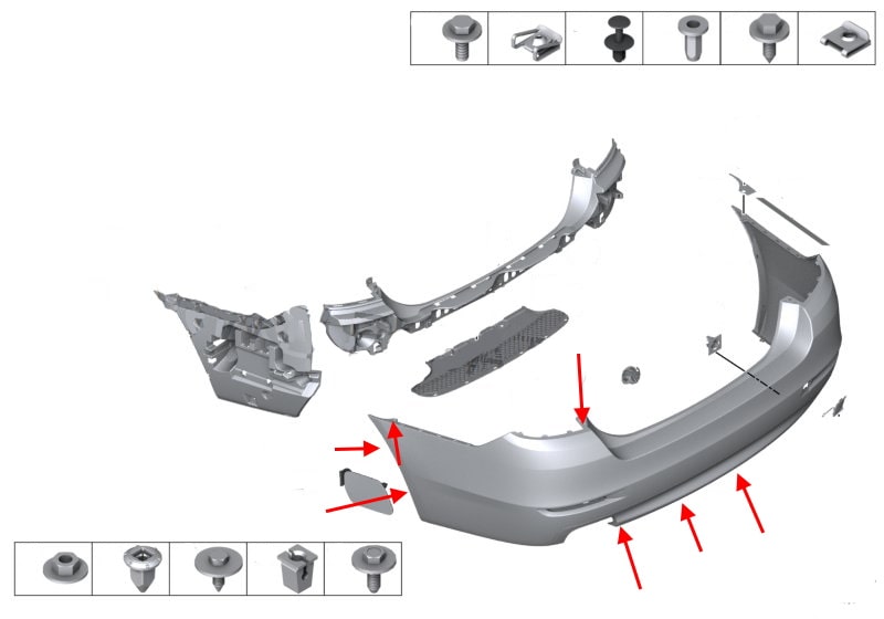 Schema di montaggio del paraurti posteriore BMW Serie 5 (F10, F11)
