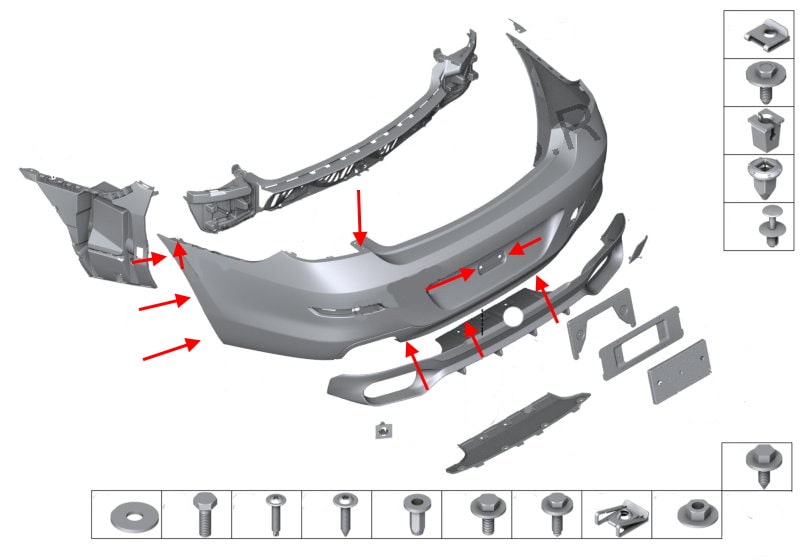 Schema di montaggio del paraurti posteriore BMW Serie 6 (F12, F13, F06)