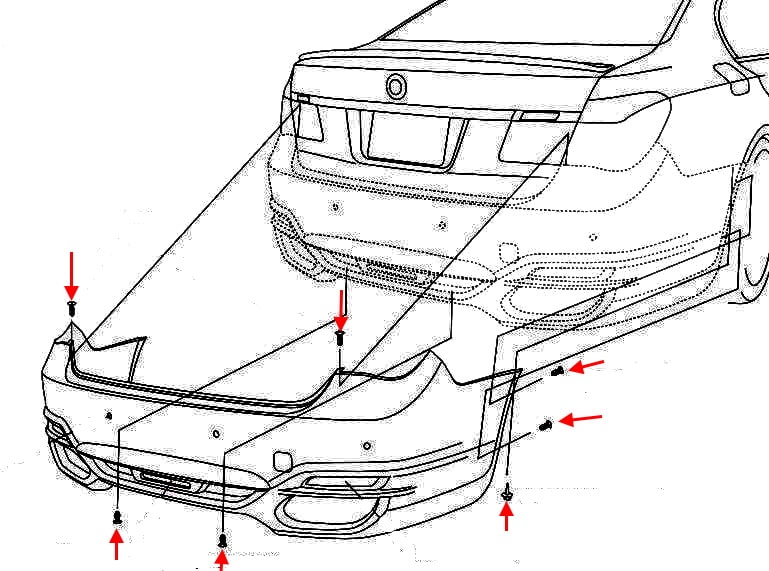 Diagrama de montaje del parachoques trasero BMW Serie 7 (F01, F02, F04)