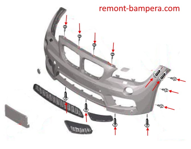 Схема крепления переднего бампера BMW X1 I (E84) (2009-2015)