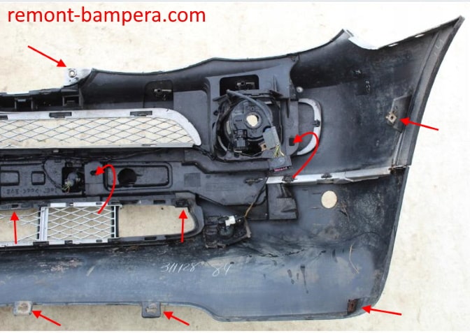 места крепления переднего бампера BMW X5 I (E53) (1999-2006)