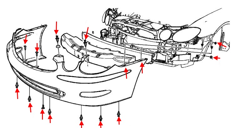 diagrama de fijación del parachoques delantero Buick LaCrosse (2004-2008)