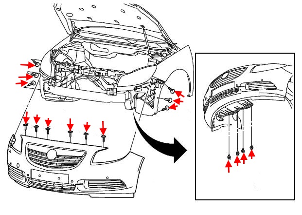 схема крепления переднего бампера Buick Regal  (2011-2017)