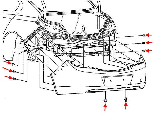 Diagrama de montaje del parachoques trasero Buick Regal (2011-2017)