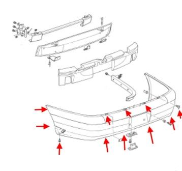 Diagrama de montaje del parachoques trasero Cadillac Catera
