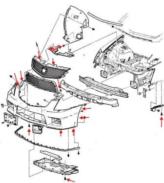Diagrama de montaje del parachoques delantero Cadillac CTS (2008-2014)
