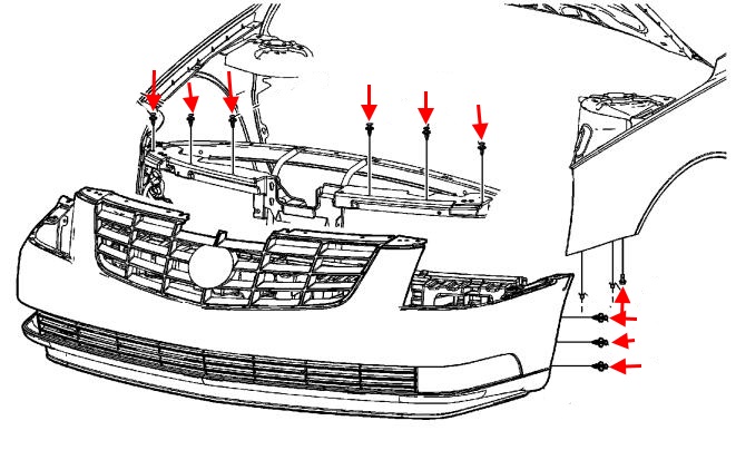 Schema di montaggio del paraurti anteriore Cadillac DTS