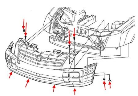 Diagrama de montaje del parachoques delantero del Cadillac STS