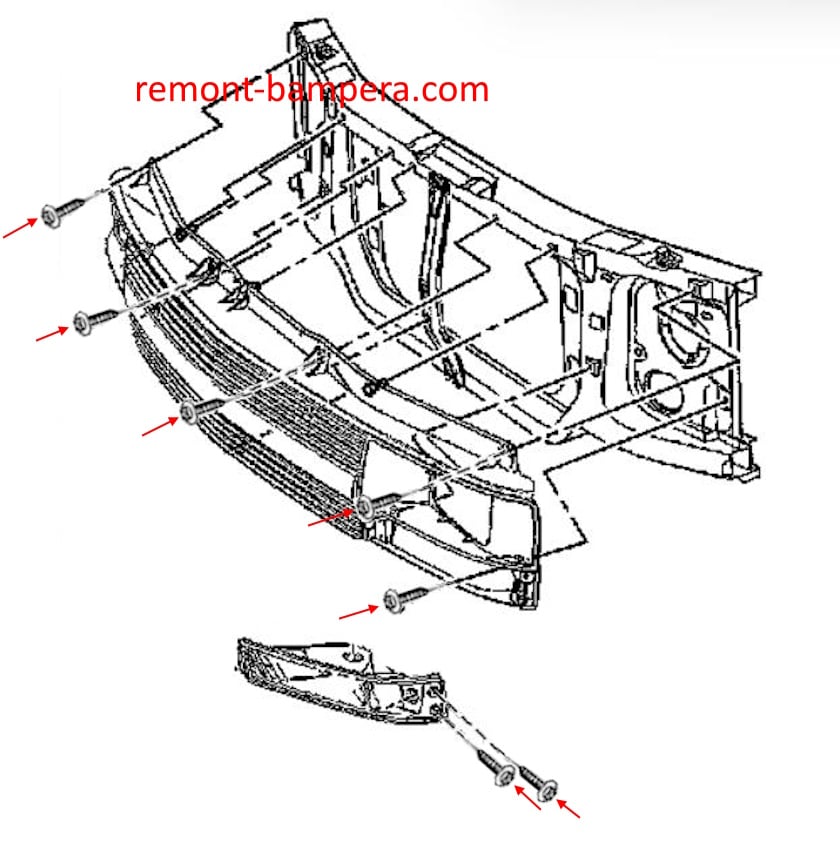 Diagrama de montaje de la parrilla del radiador Chevrolet Astro II (1995-2005)