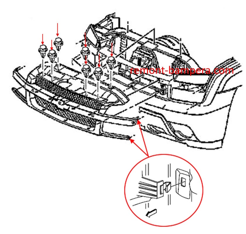 Diagrama de montaje de la parrilla del radiador Chevrolet Avalanche I (2002-2006)