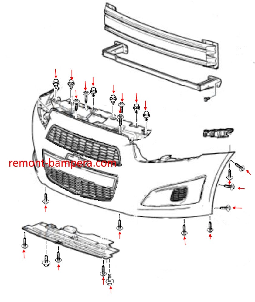 Схема крепления переднего бампера Chevrolet Aveo / Sonic (2012-2020)