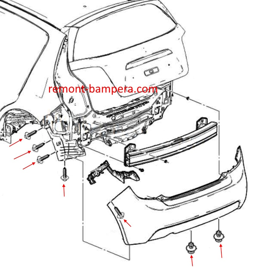 Schema di montaggio del paraurti posteriore Chevrolet Aveo / Sonic (2012-2020)