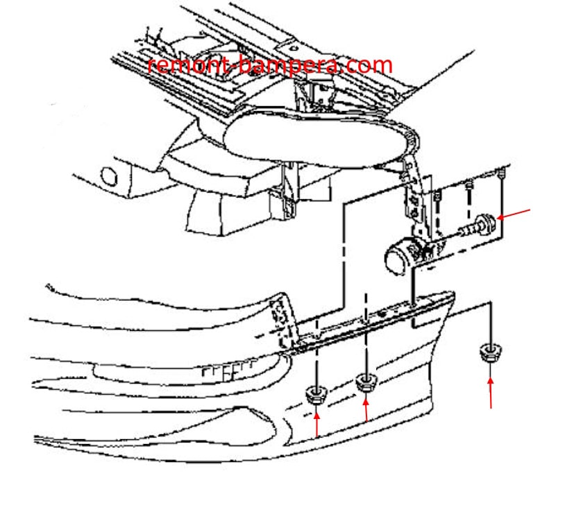 Diagrama de montaje del parachoques delantero del Chevrolet Camaro IV (1993-2002)