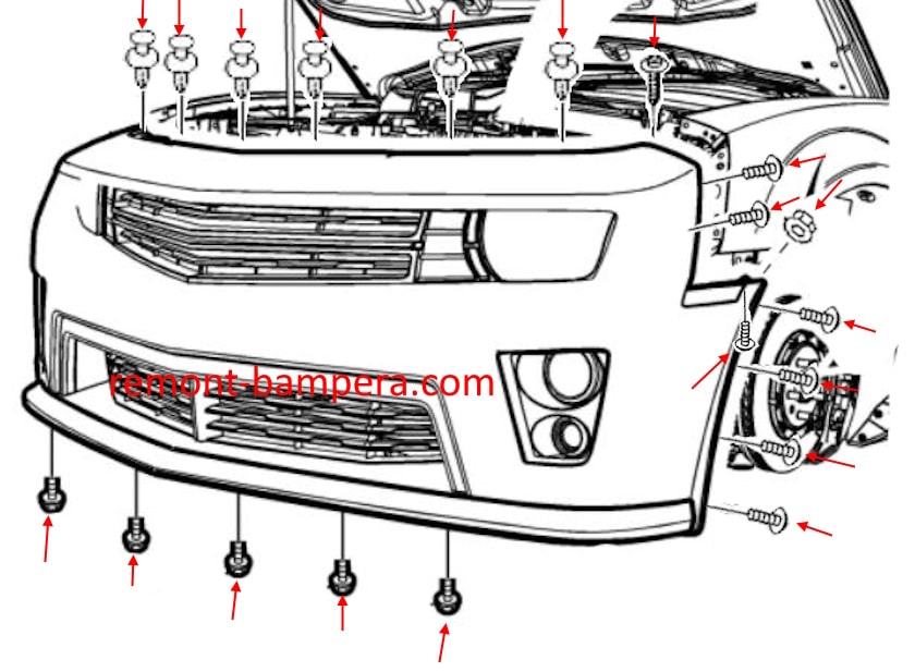 Diagrama de montaje del parachoques delantero del Chevrolet Camaro V (2010-2015)