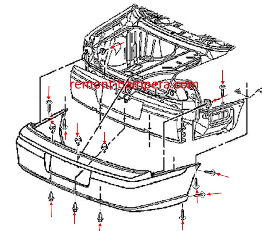 Diagrama de montaje del parachoques trasero del Chevrolet Impala VIII (2000-2005)