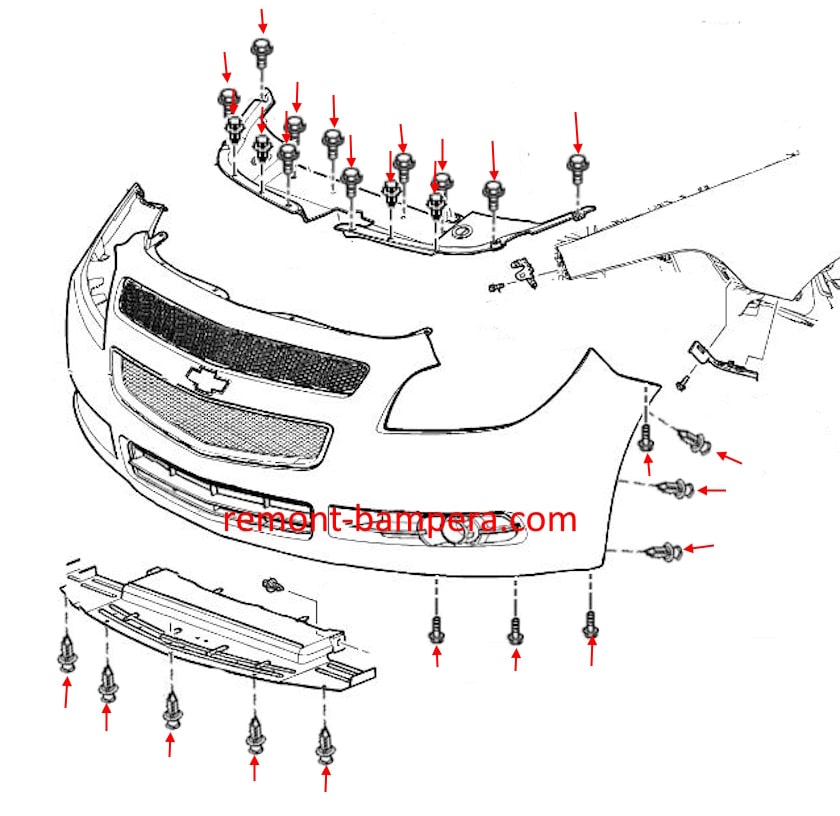 Schéma de montage du pare-chocs avant Chevrolet Malibu VII (2008-2012)