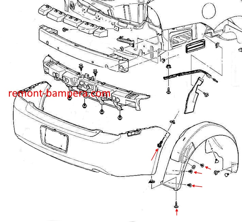 Diagrama de montaje del parachoques trasero del Chevrolet Malibu VII (2008-2012)