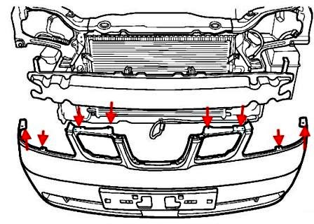 the scheme of fastening of the front bumper Chevrolet Lacetti J200 (Nubira, Optra) (2002-2012)
