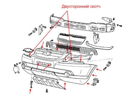 Schema di montaggio del paraurti anteriore Chevrolet Niva