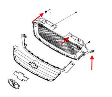 scheme of fastening of the radiator grille of the Chevrolet Rezzo