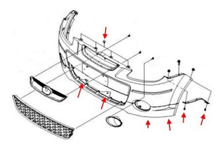 the scheme of fastening of the front bumper of the Chevrolet Spark (Matiz)/ Daewoo Matiz (2005-2009)