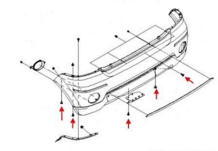 schema montaggio paraurti posteriore Chevrolet Spark (Matiz) / Daewoo Matiz (2005-2009)