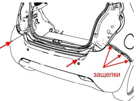 schema di montaggio del paraurti posteriore per Chevrolet Spark (Matiz) / Daewoo Matiz (dopo il 2010)