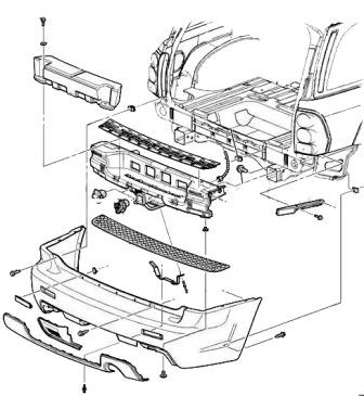Schema di montaggio del paraurti posteriore Chevrolet TrailBlazer (2001-2009)