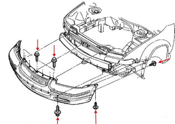 Schema di montaggio del paraurti anteriore Chrysler Cirrus (Stratus) (1994-2000)