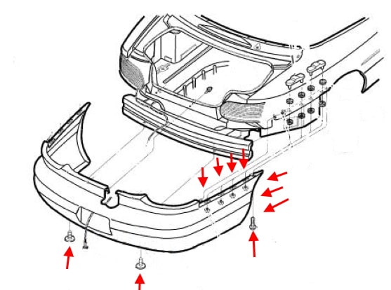 Schema di montaggio del paraurti posteriore Chrysler Sebring I FJ/JX (1994-2000).