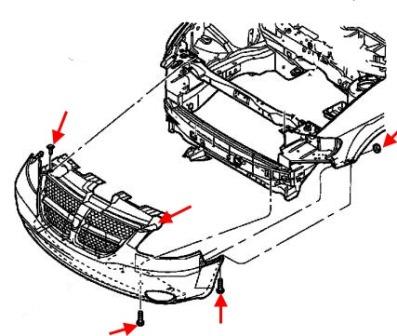 the scheme of fastening of the front bumper Chrysler Town & Country (Voyager) (1996-2007)