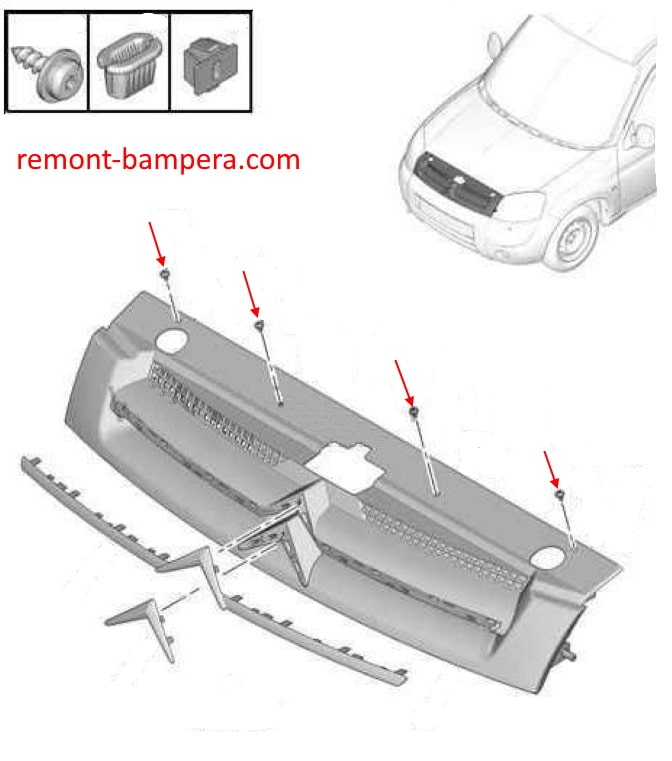 Schéma de montage de la calandre Citroen Berlingo I M59 (2003-2012)