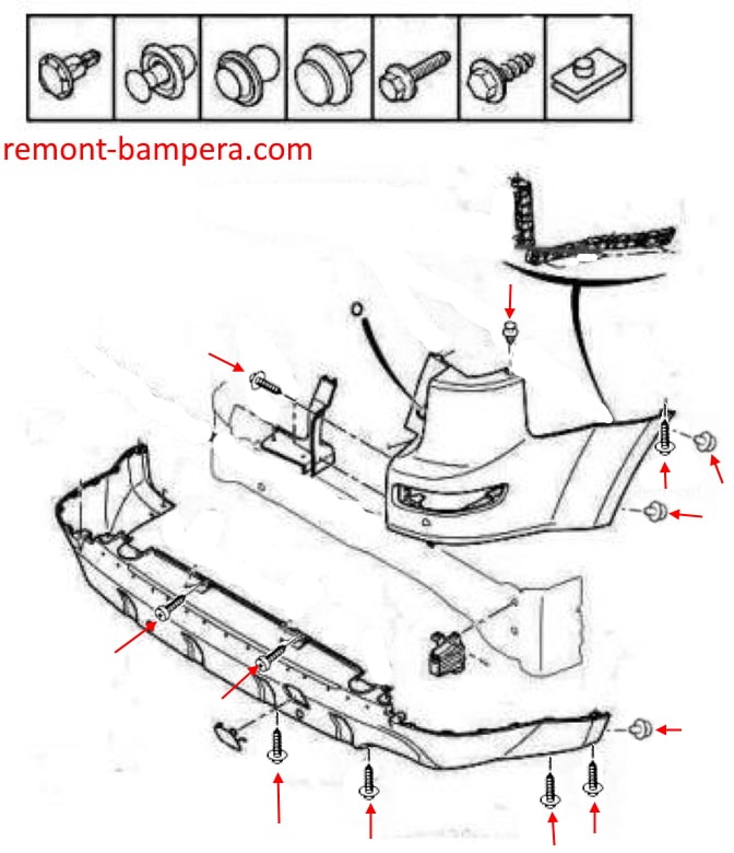 Esquema de montaje del parachoques trasero Citroen C-Crosser (2007-2013)