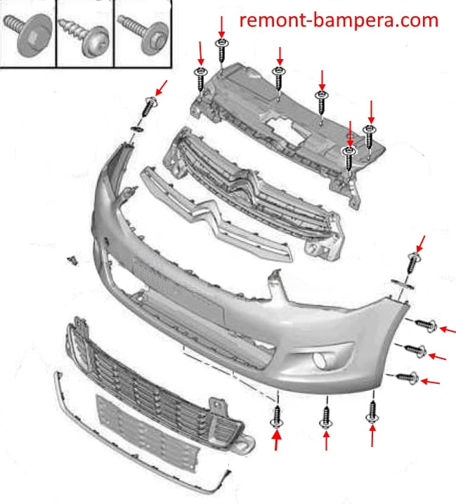 Schéma de montage du pare-chocs avant Citroen C-Elysee (2012-2023)