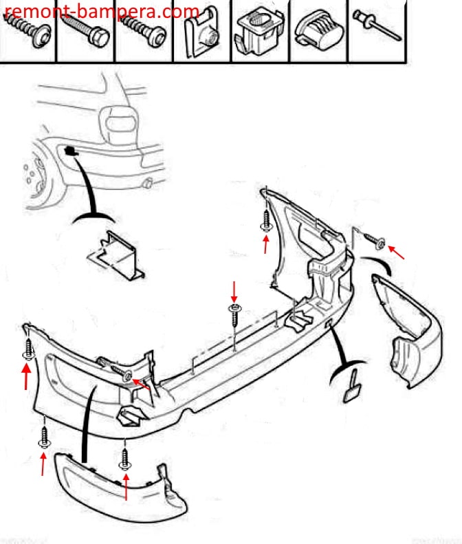 Schéma de montage du pare-chocs arrière Citroen Xsara (1997-2000)