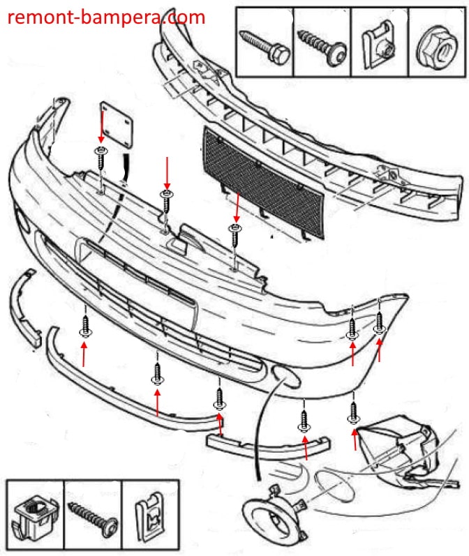 Schéma de montage du pare-chocs avant Citroen Xsara Picasso (1999-2012)