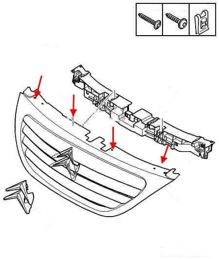 scheme of fastening of the radiator grille Citroen C3 (2002-2010)