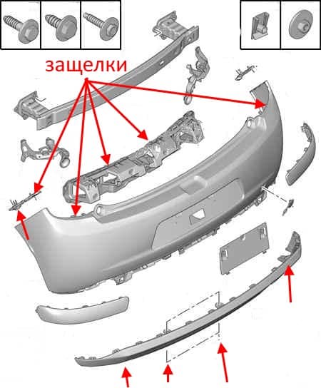 схема крепления заднего бампера Citroen C3 (2009-2016)