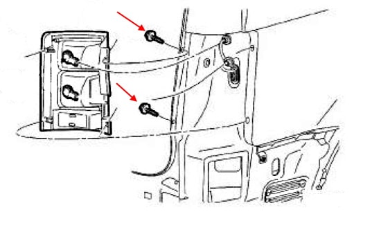 Schéma de fixation du feu arrière Dodge Grand Caravan V (2007-2020)
