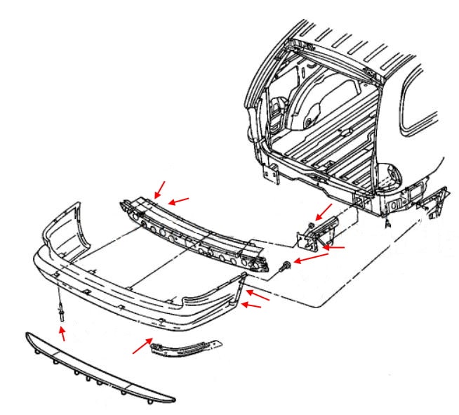 Schema di montaggio del paraurti posteriore Dodge Caravan (Grand Caravan) III (1995-2000)