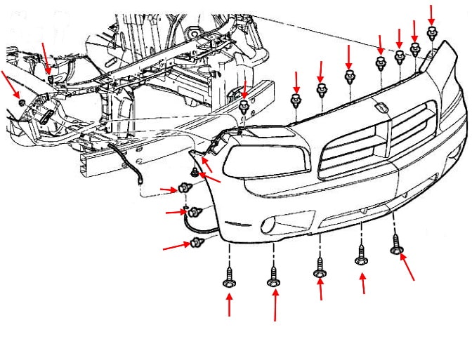 Esquema de montaje del parachoques delantero Dodge Charger LX VI (2005-2010)