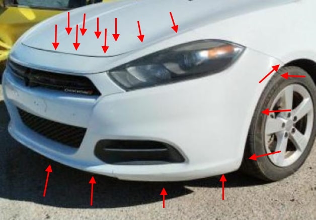 Punti di attacco del paraurti anteriore Dodge Dart (2013-2016)