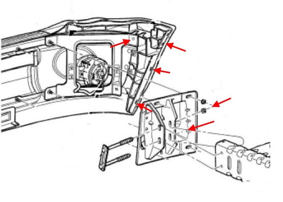 Schema di montaggio del paraurti anteriore Dodge Ram III DR/DH (2002-2008).