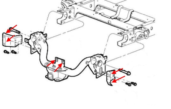 Esquema de montaje del parachoques trasero Dodge Ram III DR/DH (2002-2008)