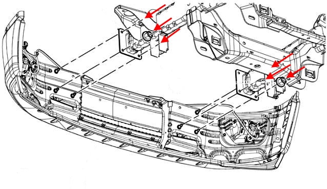 Esquema de montaje del parachoques delantero de Dodge Ram IV DS/DJ (2009-2018)