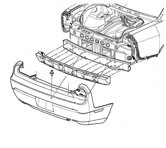 Esquema de montaje del parachoques trasero del Dodge Challenger (desde 2008)