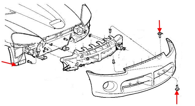 Diagrama de montaje del parachoques delantero del Dodge Viper (2003-2010)