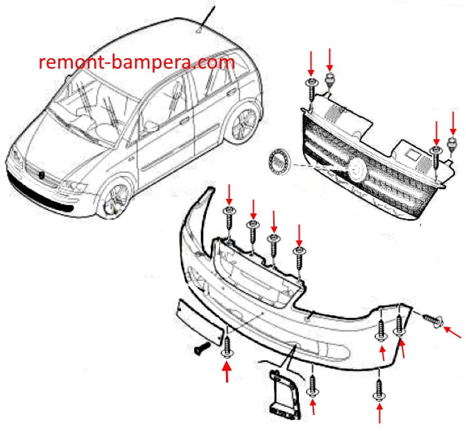Schema montaggio paraurti anteriore Fiat Idea (2003-2018)